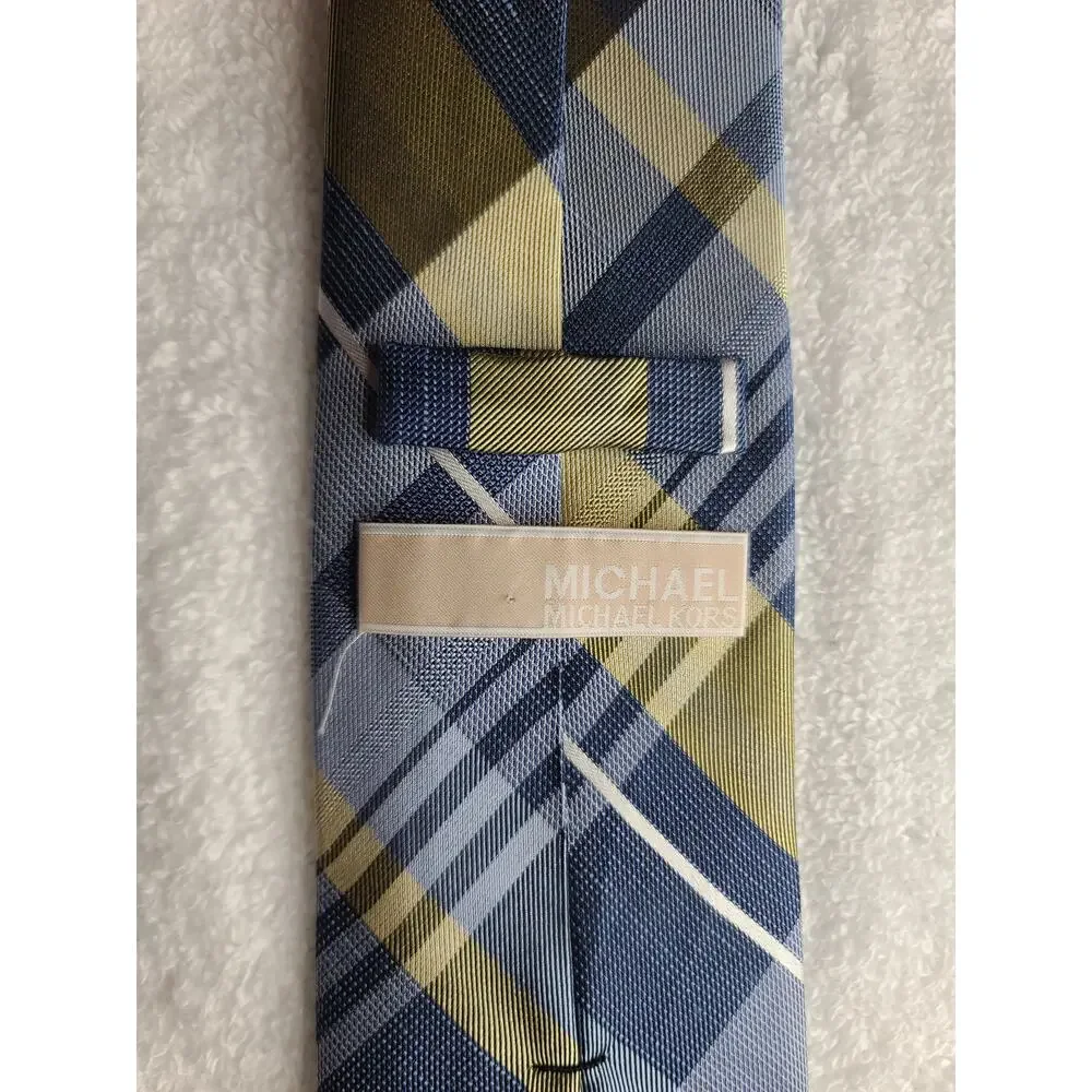 Michael Kors blue yellow plaid silk linen blend tie - 57.5